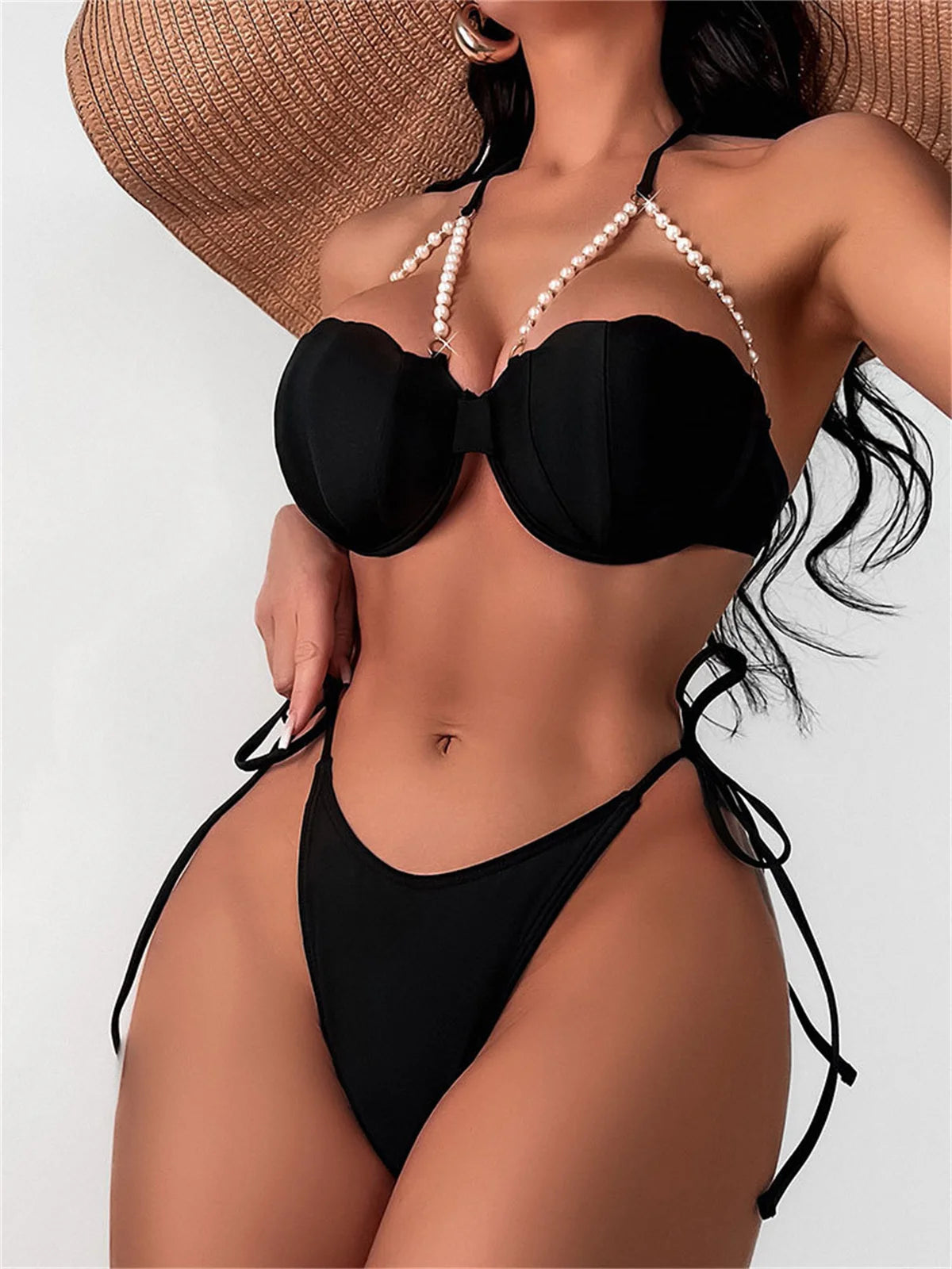 Sexy Shell Shape Underwire Bikini Tie Side Thong Bikinis Swimwear Women 2025 Black Pearls Strap Push Up Bathing Suit Swimsuit