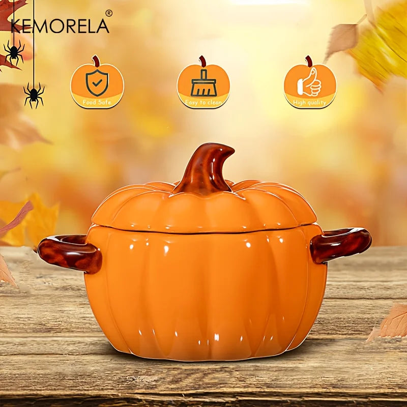 Halloween Pumpkin Bowl Ceramic Pumpkin Casserole Oven-Safe Pot With Lid And Handles, Perfect For Thanksgiving And Halloween