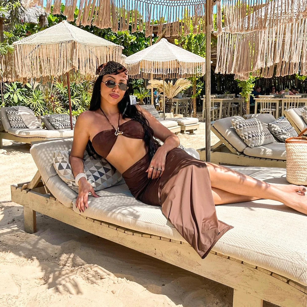 3 Pieces Bikini Set Bandeau Bikini 2024 Sexy Women Swimsuit Maxi Dress Female Swimwear Print Bathing Suit Beachwear Cover Ups