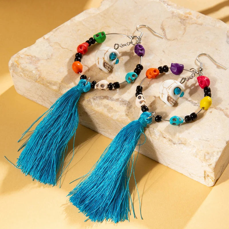 Halloween Skeleton Bride Skull Tassel Ear Dangle Earrings for Women Gothic Skull Drop Earrings Festival Party Jewelry Gift