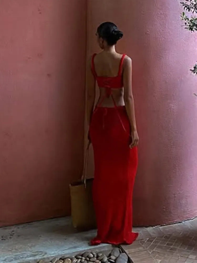 BKQU Crochet Knit Skirts Set Women Sexy Hollow Out Lace Up Crop Tops Hip Package Split Long Skirt Elegant 2 Pieces Beach Outfits