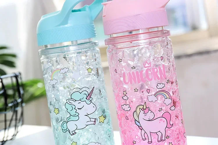 Stylish Double Straw Unicorn Ice Cup Summer Cold Drink Juice Coffee Water bottle Boy's Girl's Portable Plastic Cups Novelty Gift