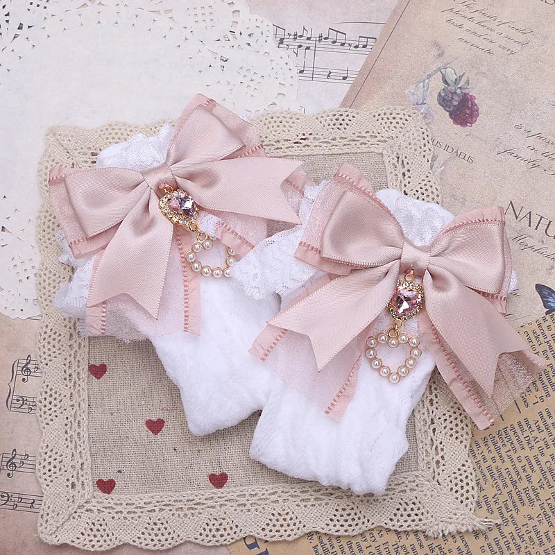 Big Bow Elastic Lace Socks Japanese Jiraikei Style Sweet Cute Lolita Socks Bow with Love Pendant for Girl Women