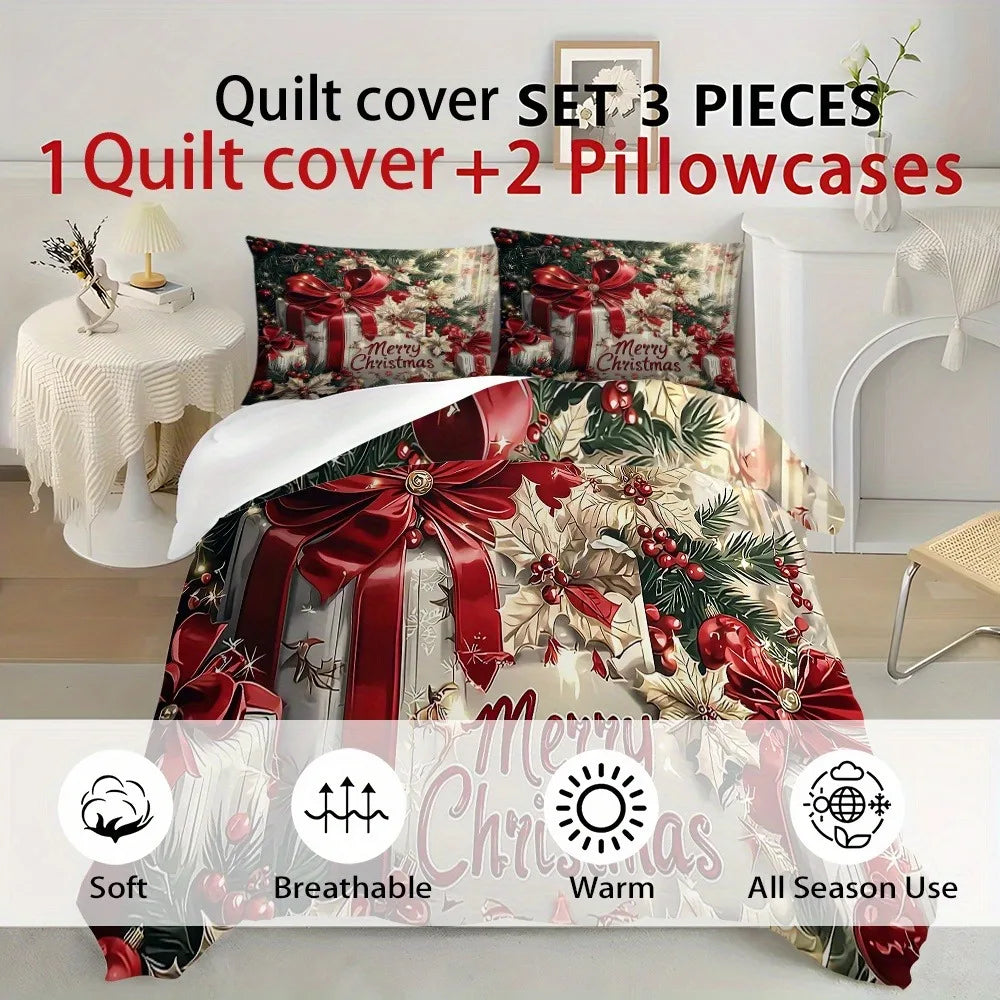 Christmas Bedding Set Red Bow Flowers Printed Cozy Duvet Cover King Queen Twin Single Size New Year Christmas Gift Bedroom Decor