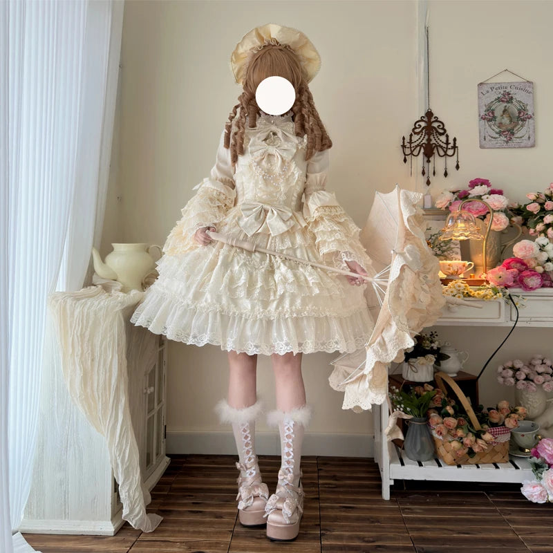 Super Fairy Lolita Dress Set New Spring and Autumn Sweet Girl Women's Flower Lace Bow Shirt Princess Jsk Suspender Dress