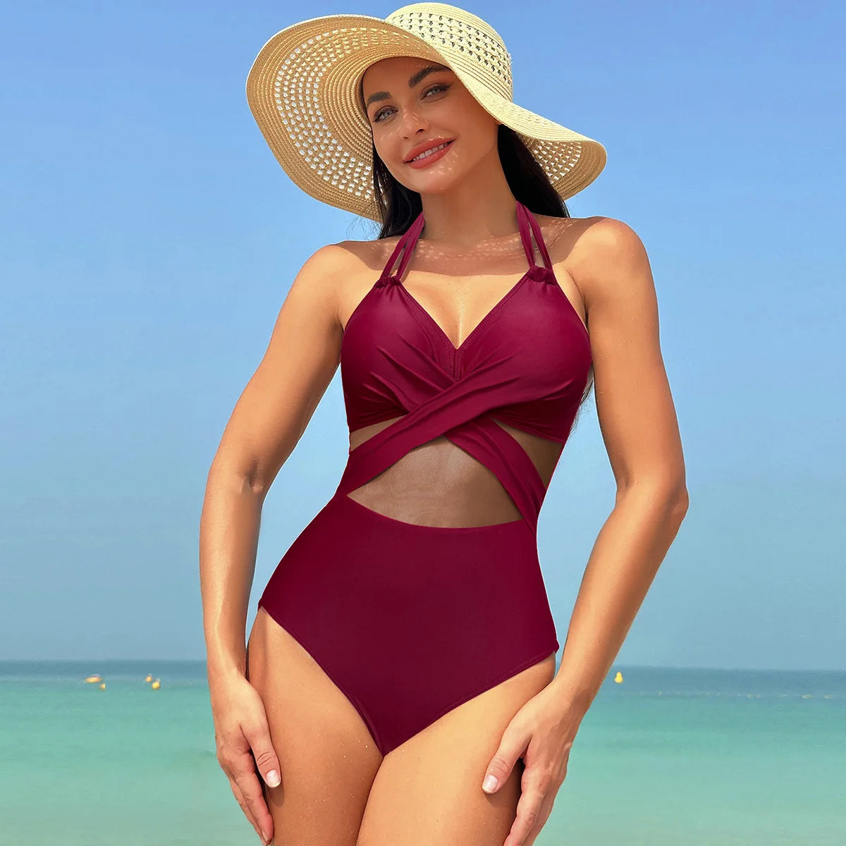 Sexy One Piece Swimsuit Women's Pure Color Mesh Bikini Swimsuit Summer New