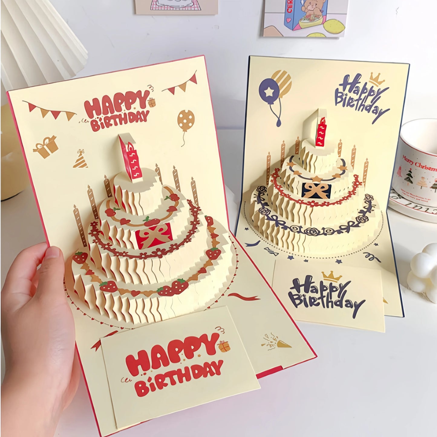 3D Happy Birthday Card Christmas Gift Card Birthday Cake Pop-Up Greeting with Envelope Christmas Invitation Cards