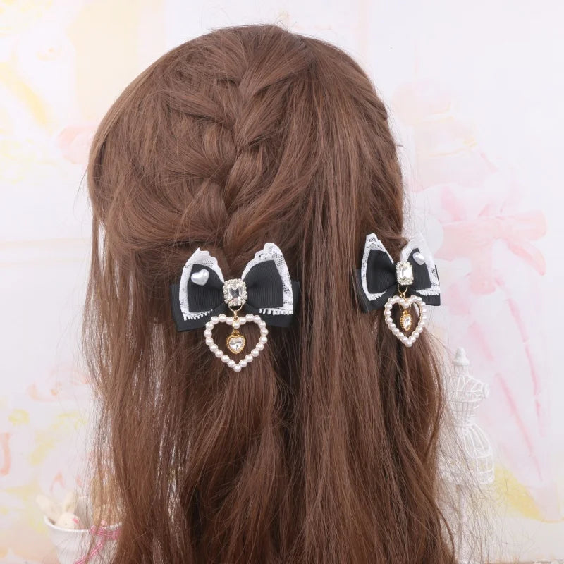 1 Pair Female Hair Clips Pearl Heart Side Clip Sweet Girl's Hairclips Lolita Hairpin Headdress Jiraikei Accessories