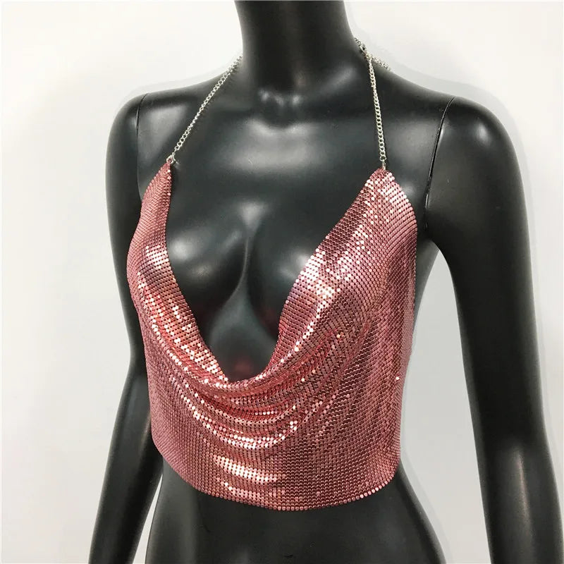 AKYZO Women 2023 Sexy Metal Sequined Tank Camis Summer Gold Silver Backless Cropped Glitter Beach Club Show Wear Tank Tops