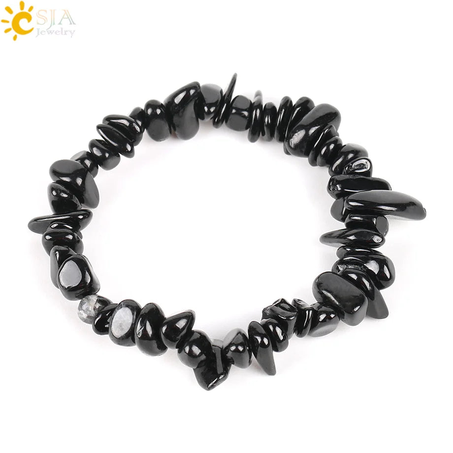 CSJA Black Tourmaline Bracelets for Women Crystal Bracelets Chip Beads Chakra Natural Gem Stone Reiki Healing Meditation E705