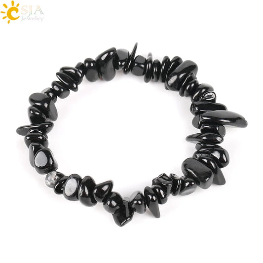 CSJA Black Tourmaline Bracelets for Women Crystal Bracelets Chip Beads Chakra Natural Gem Stone Reiki Healing Meditation E705