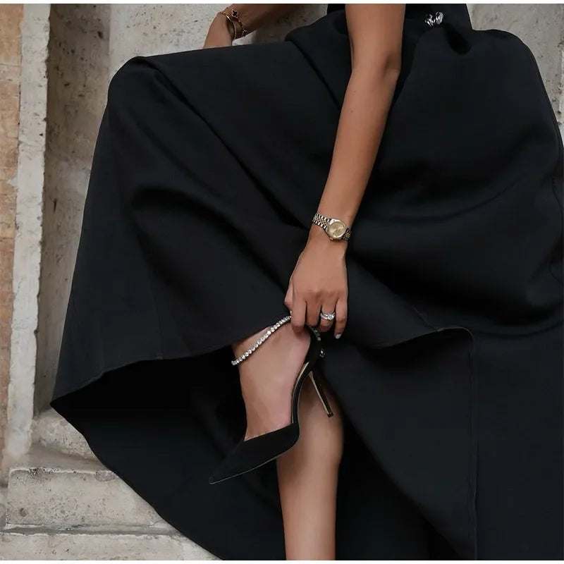 Vintage Brown Long Dress Women's Elegant Loose Diagonal Neck Black Metal Buckle Maxi Dresses Female 2025 Summer Evening Party