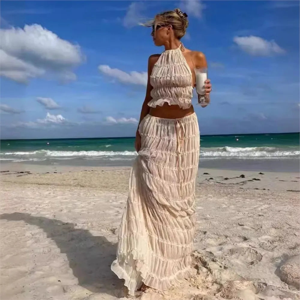 Solid Hang Neck Long Skirt Suit For Women Halter Backless Sling Top Lace Up Fold Maxi Skirt 2024 Hot Fashion Female 2 Piece Set