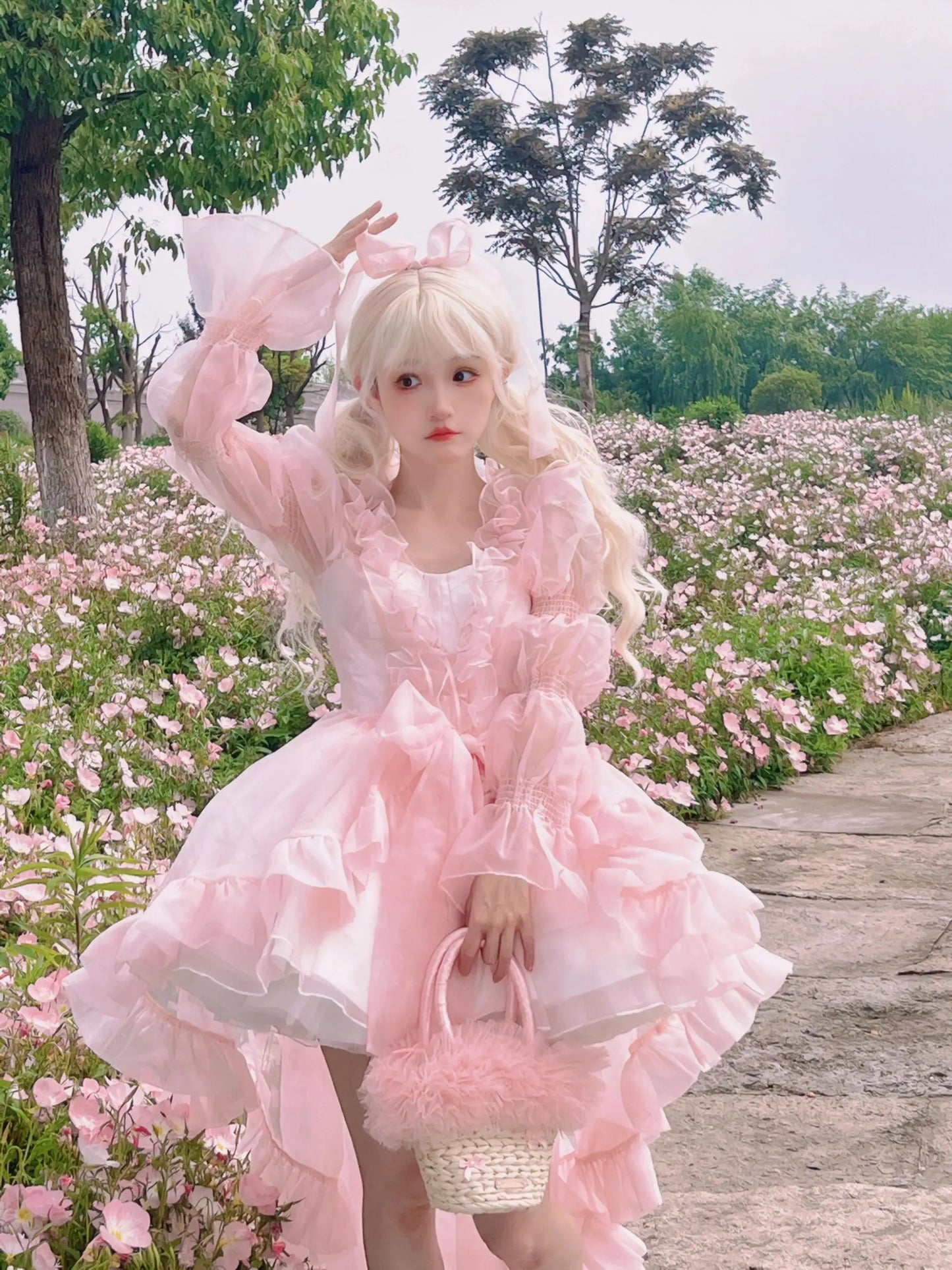 French Style Flower Wedding Dress Lolita Sweet Girl Women Fairy Tube Top Sling Dress with Long Cardigan Birthday Princess Dress