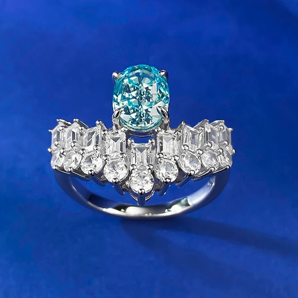 Wong Rain 100% 925 Sterling Silver 6*8 MM Oval Paraiba Tourmaline High Carbon Diamond Gemstone Ring For Women Engagement Jewelry