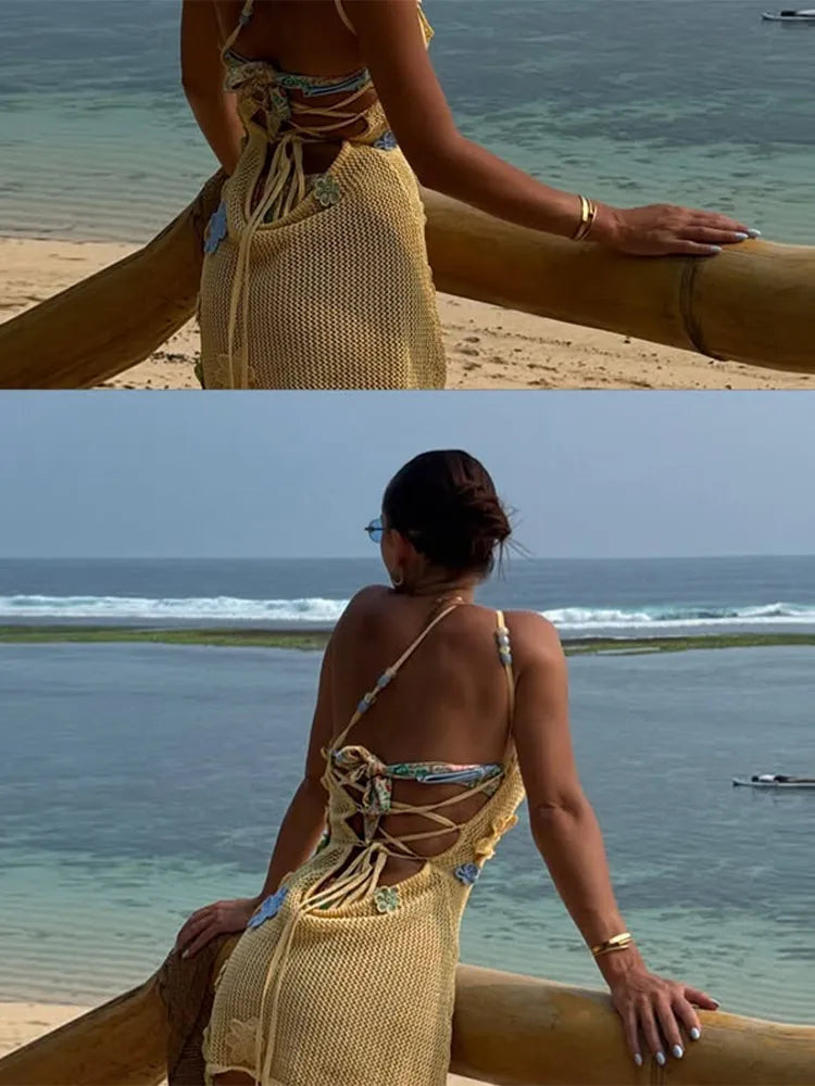 Sexy Beach Women's Set Beading Flower Crochet Crop Top Slim Maxi Skirt Female Suit 2025 Summer Hollow Out Knit Lady Dress Sets