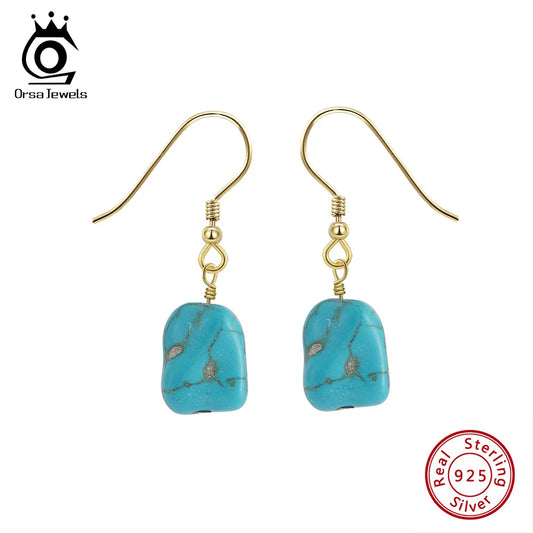 ORSA JEWELS 14K Gold 925 Sterling Silver Dangle Earrings Hand-picked Square Turquoise Drop Earring for Women Jewelry Gift GME45