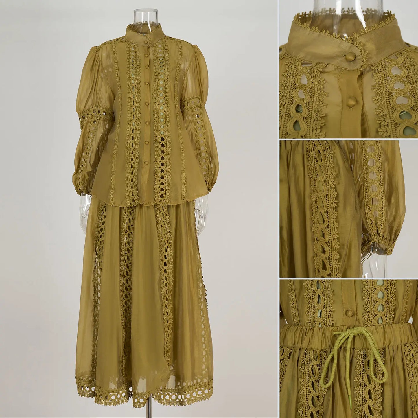 Elegant Embroidery Long Dress 2 Piece Set Women Summer Autumn Hollow Out Crochet Shirts Elastic Waist Long Maxi Skirt Suits