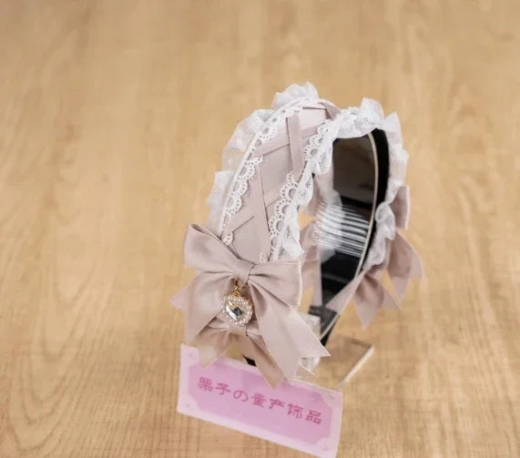 Lolita Hairband Lace Bow New Headwear Sweet Heart Shape Rhinestone Pendant Headband Japanese Style Hair Accessories for Women