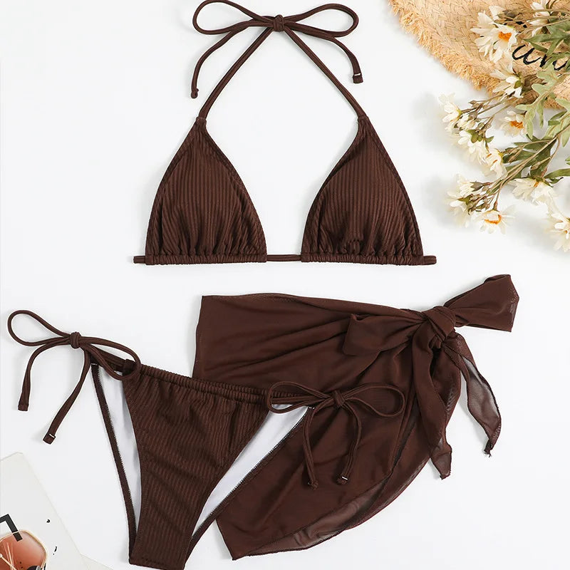 Sexy Solid Brown Bikinis Set Women Ribbed Halter Push Up Mesh Skirt Swimsuit 2024 Mujer Brazilian Bathing Suit Cover Up Swimwear