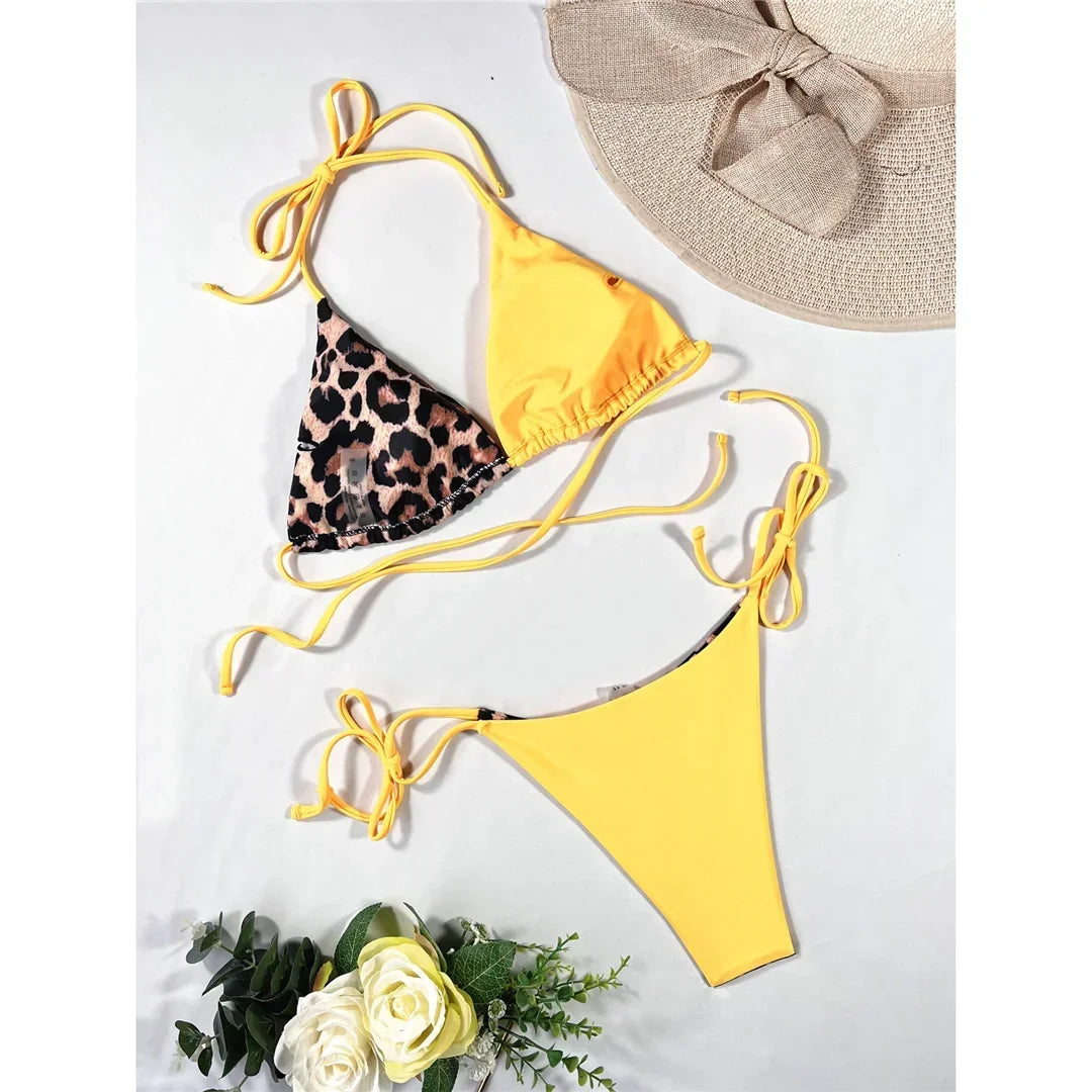Halter Splicing Leopard Bikinis 2025 Satin Bikini Female Swimsuit Women Swimwear Two-pieces Bikini Set Micro Bathing Suit Swim