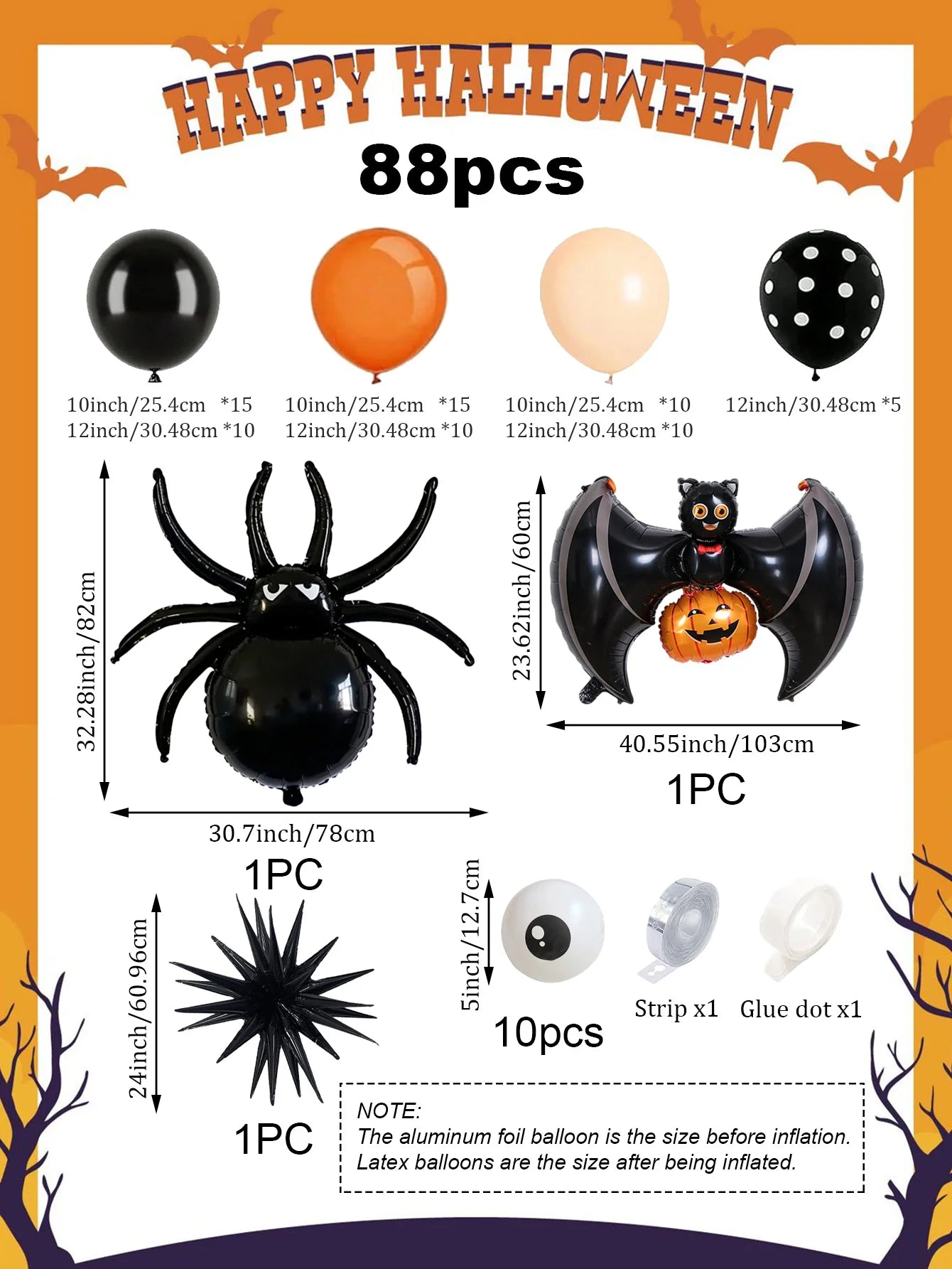 88pcs orange and black horror Halloween arch balloons, suitable for Halloween party horror theme, haunted house, birthday.