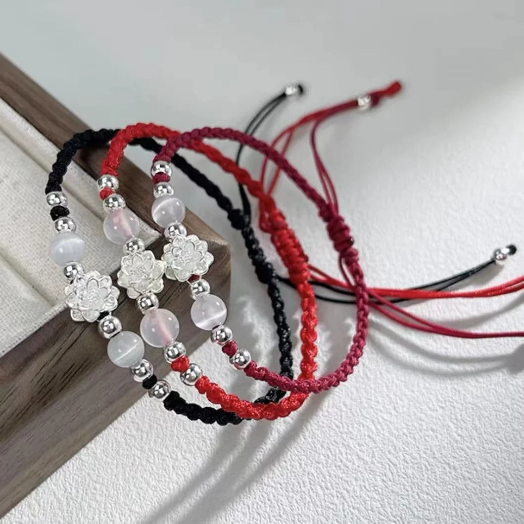 Vintage Handmade Chinese Style Braid Bracelet For Women Girls Fashion Lotus Flower Beaded Bracelet Jewelry Adjustable Gifts