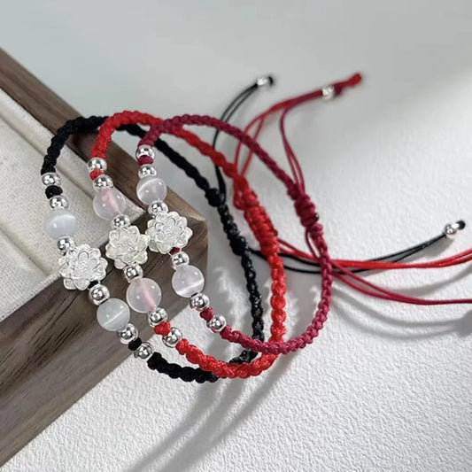 Vintage Handmade Chinese Style Braid Bracelet For Women Girls Fashion Lotus Flower Beaded Bracelet Jewelry Adjustable Gifts
