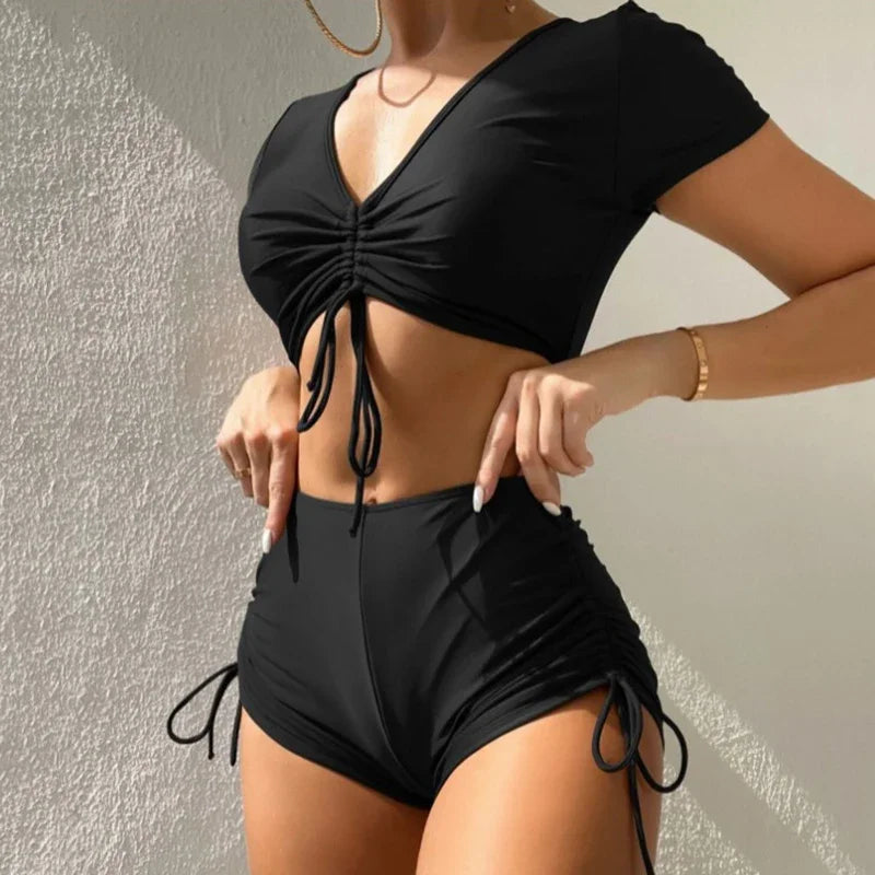 Black Drawstring Swimwear Bikinis Sets Mujer 2025 Crop Top Shorts Bottom Swimsuit Women Sexy Bathing Suit Beachwear Bikini Swim
