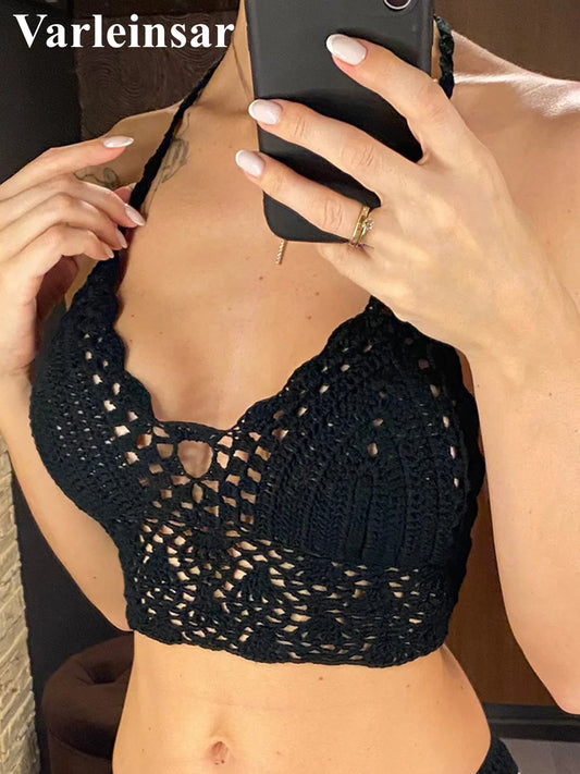 S - XL 9 Colors Crochet Knitted Bikini Top Female Swimsuit Women Swimwear Bather Bathing Suit Swim Hollow Out Beach Top V4193