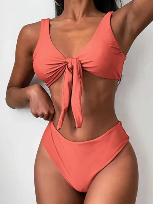 Sexy Front Knotted Bikinis Female Swimsuit High Waist Bikini Women Swimwear Two-pieces Bikini Set Bather Bathing Suit Swim Lady