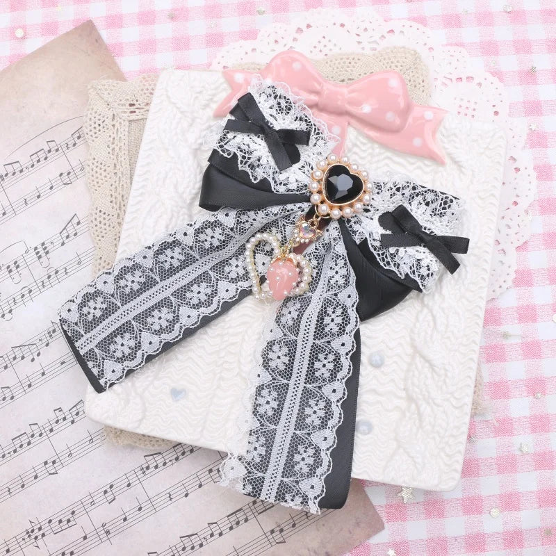 Lolita Style Hairclips Y2K Girl Handmade Bow Lace Ribbon Bowknot Hair Clip with Strawberry Heart Accessories Pendant