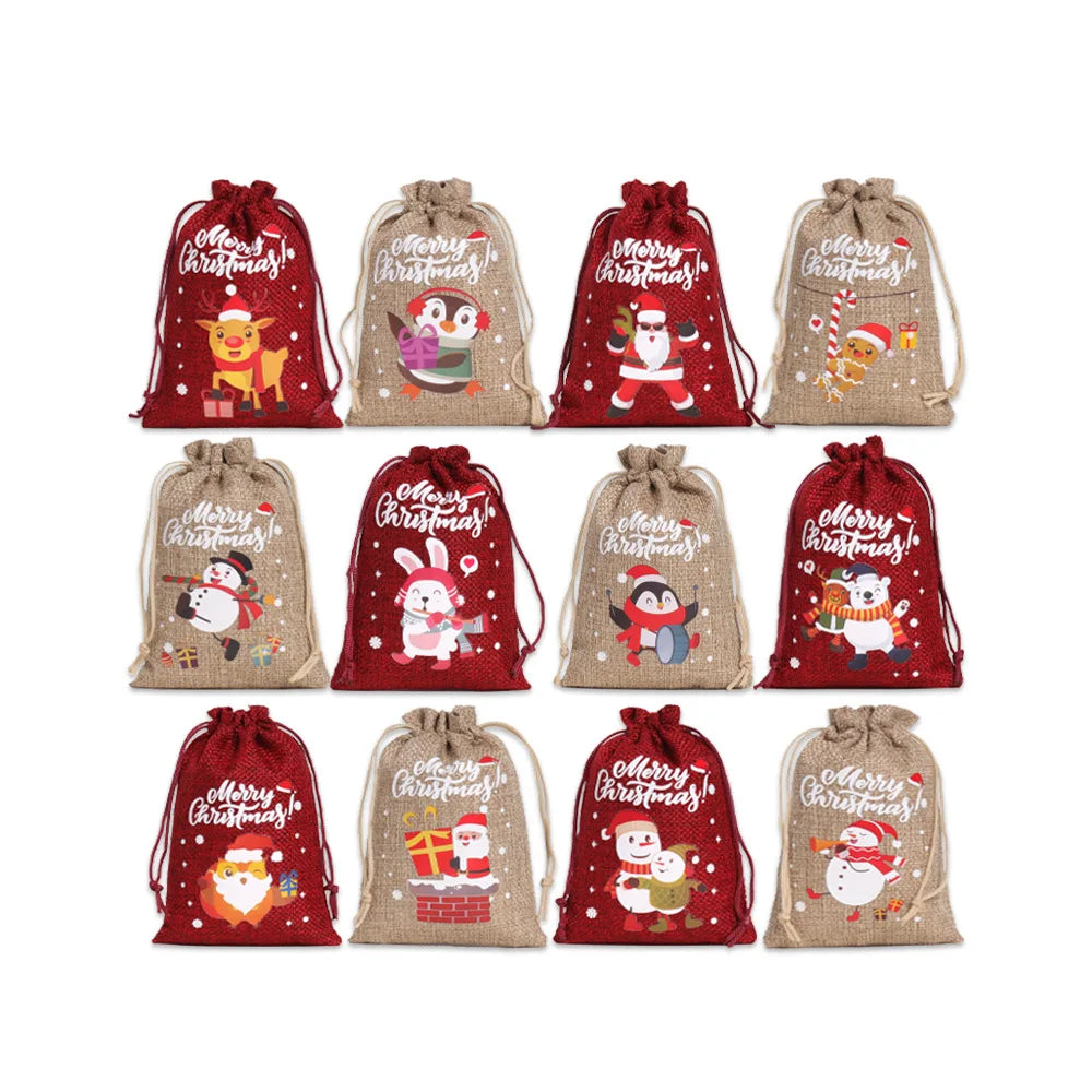 12 Pieces Christmas Gift Bags with Drawstring Christmas Linen Bags for Advent Calendar Fabric Bag Cookie Candy Pouch