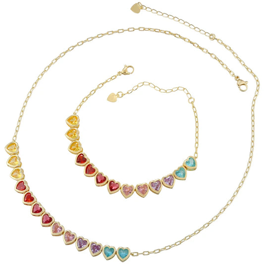 ZHUKOU Heart Rainbow bracelet for women 6 colors CZ stones necklace for women Summer adjustable jewelry sets wholesale VL333