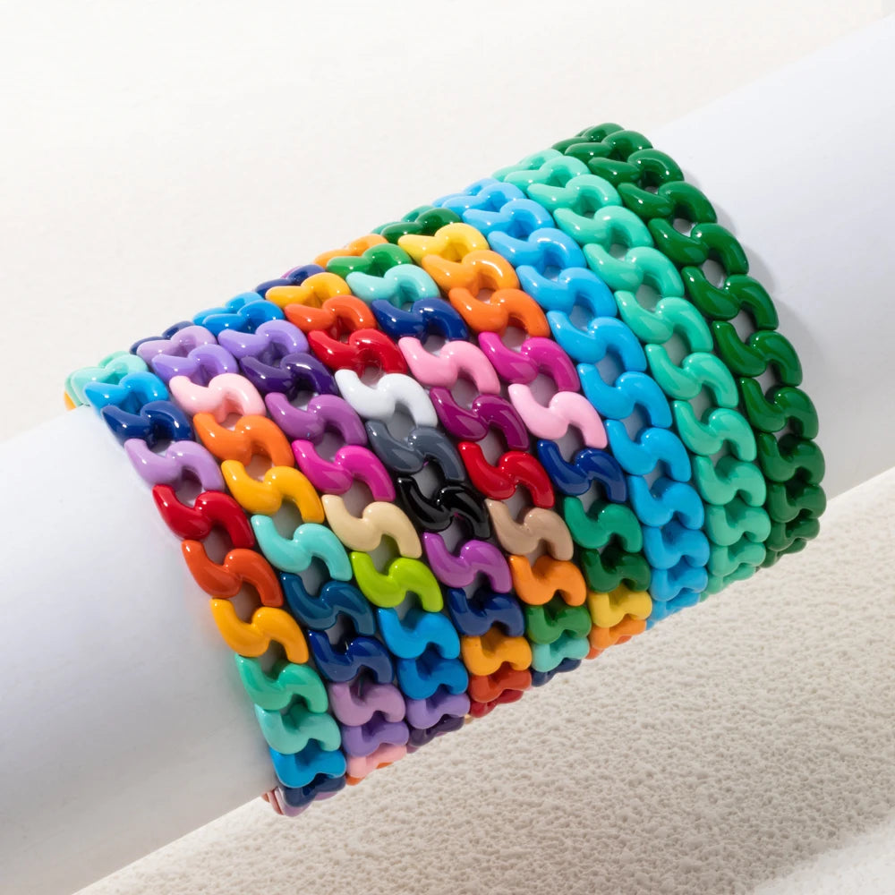 Rainbow Color Link Chain Shape Enamel Bracelets For Women Boho Beaded Bangle Accessory