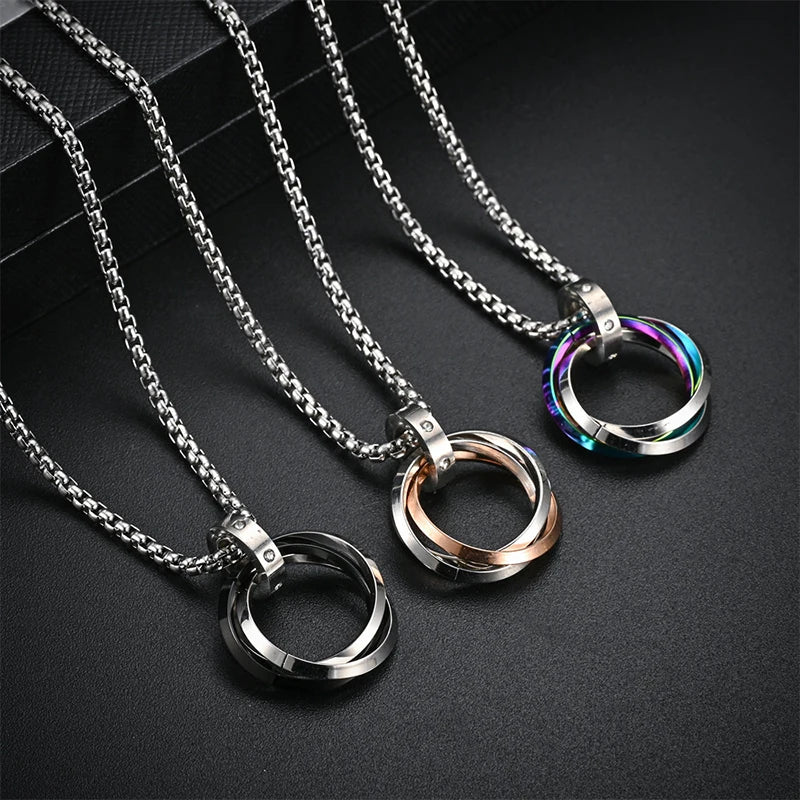 Fashion Men Necklace 3 Round Ring Stainless Steel Pendant Necklaces For Women Silver Color Chain Hiphop Rock Jewelry Accessories