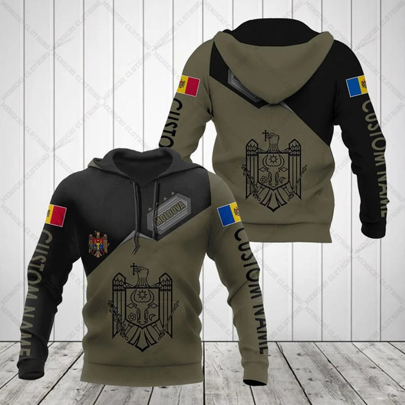 Custom Name Moldova Emblem Olive Hoodies Loose Unisex Pullover Sweatshirts Boy Casual Clothing Oversized Streetwear