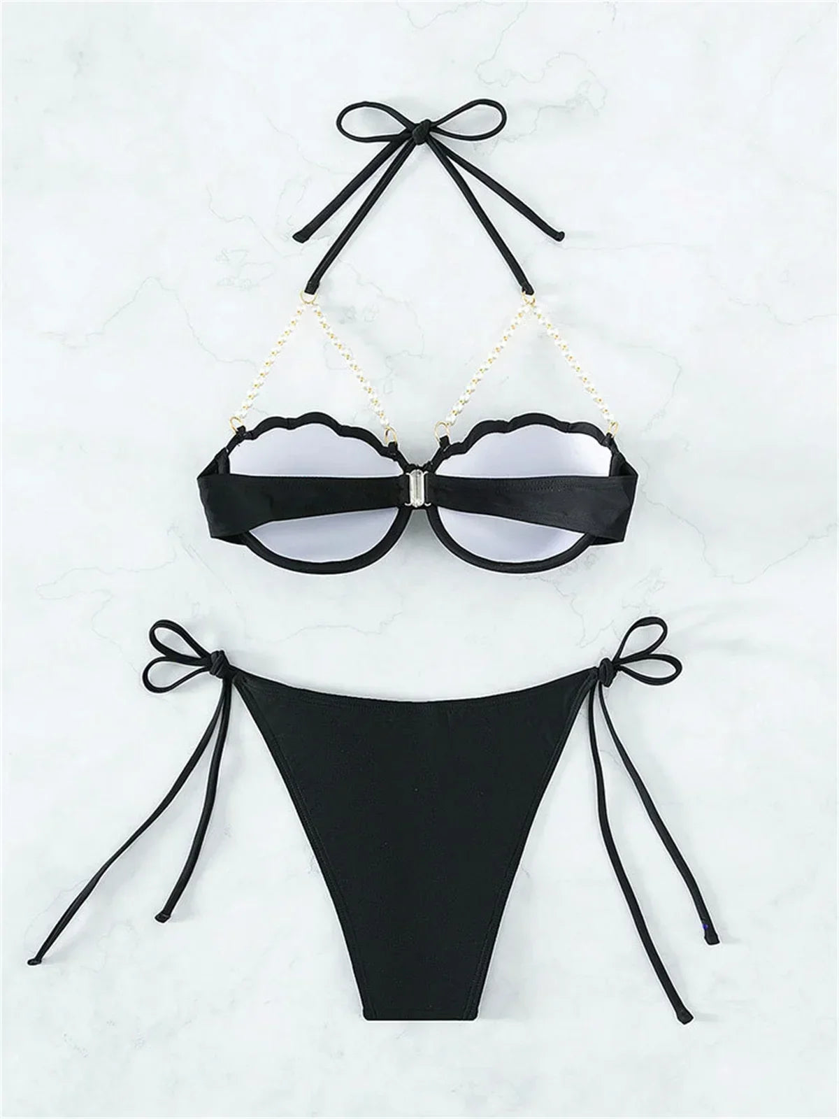 Sexy Shell Shape Underwire Bikini Tie Side Thong Bikinis Swimwear Women 2025 Black Pearls Strap Push Up Bathing Suit Swimsuit