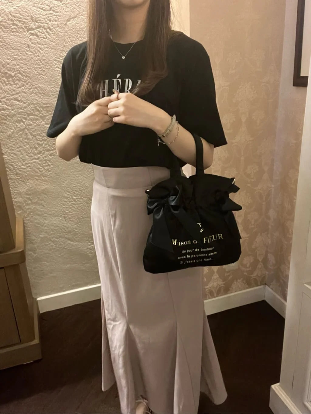 Japanese New Satin Double Bow Portable Shoulder Crossbody Women Bags with Long Shoulder Straps Sweet Letters Tote Bags