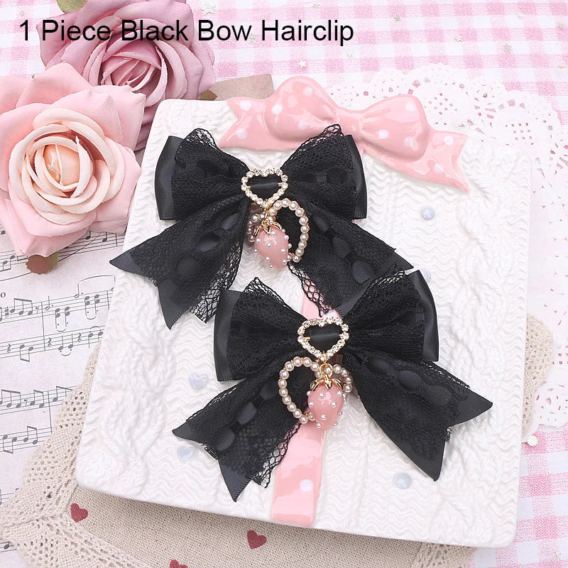 Women's Hair Accessories Strawberry Bow Lace Handmade Hair Clips Trendy Girl's Gift Lo Black Beige White Bowknot Hair Clip