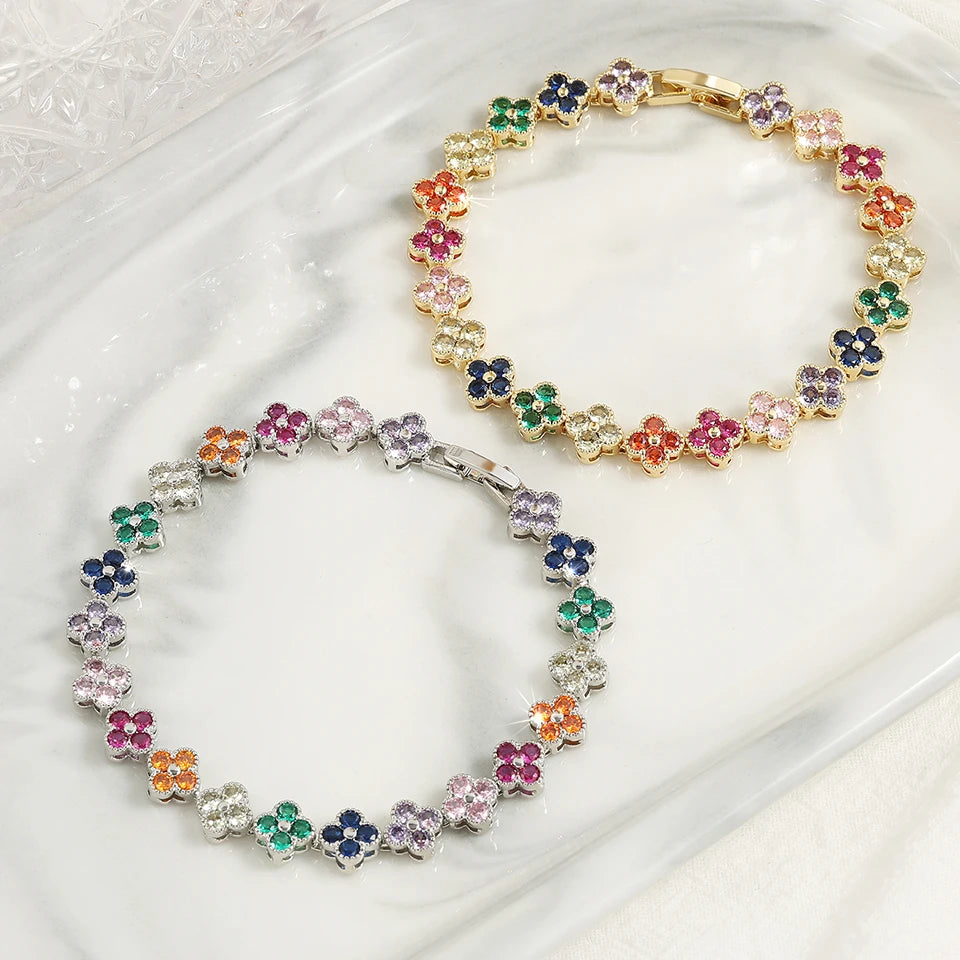 UILZ 1pc Rainbow Colorful Clover Zircon Bracelet Fashion Charm Gorgeous Charm Exquisite Cute Sweet Shining Crystal Jewelry Gift