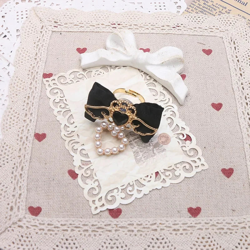 Handmade Rojita Japanese Style Elegant Sweet Cute Rings Rhinestone Ruffled Bow Soft Girl Ring Fashion Rolita Rings for Women