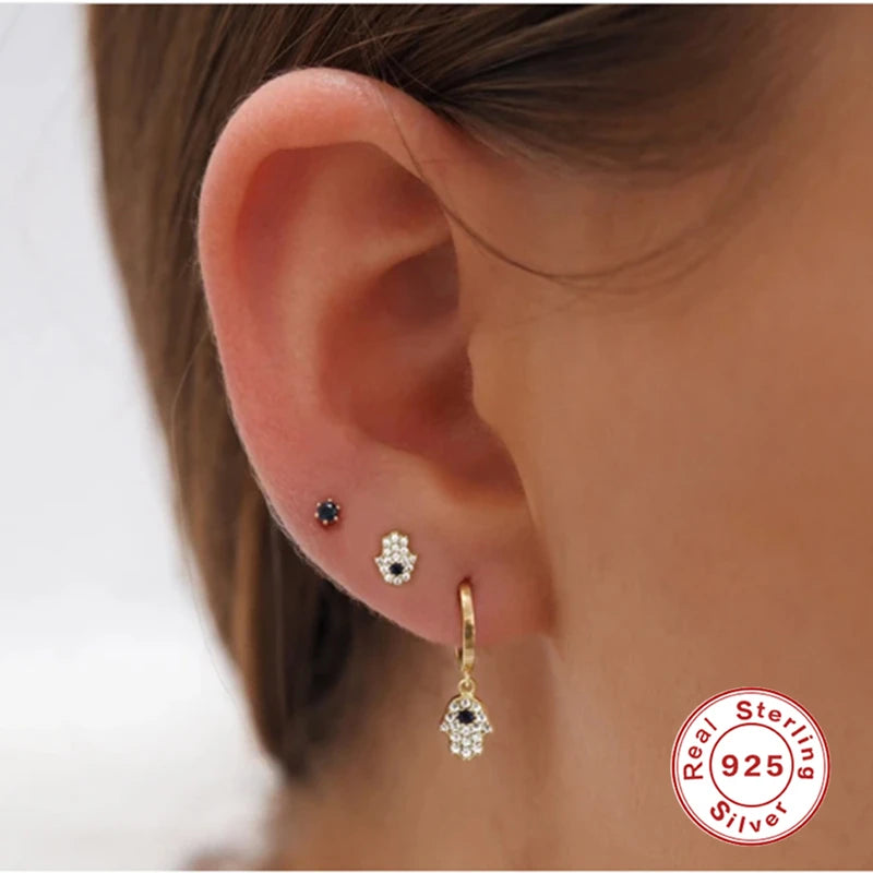LENNIK 925 Silver Vintage Cute Fatima Hand Small Hoop Earrings For Women Chic Trendy Eye Palm Pendant Mini Stud Earrings Jewelry
