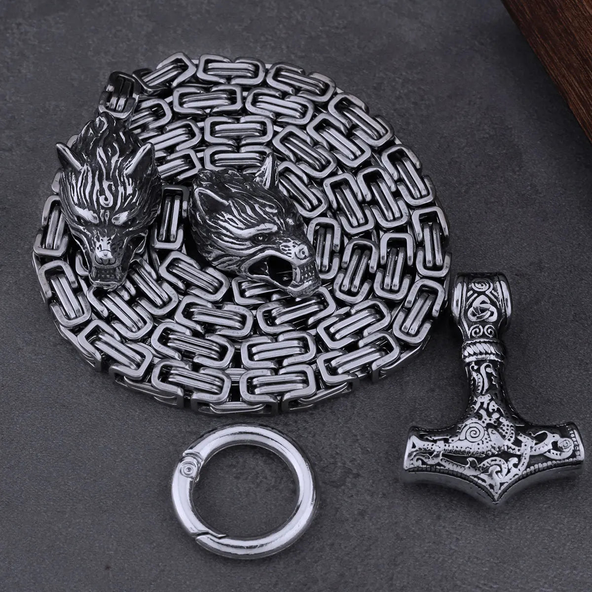 Men's Stainless Steel Viking Celtic Wolf Amulet Thor's Hammer Necklace Set Retro Trend Jewelry Accessories Gift