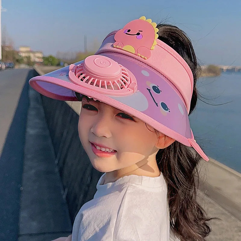 Children's Summer Sun Hat with Fan Sun Protection Hat Cartoon Outdoor Sun Protection Hollow brim Open Top Sun Protection Hat