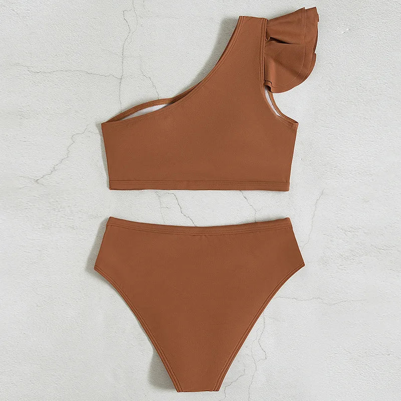 One Shoulder Bikinis 2025 Women Ruffle Swimsuit Solid High Waist Swimwear Female Padded Bathers Bathing Swimming Suit Beachwear