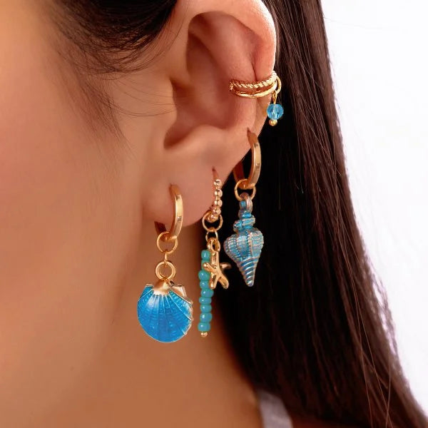 Fashion Asymmetric Ocean Style Earrings Stud  For Women Starfish Shell Earring Ear Ring Imitation Pearl Zircon Jewelry Gift
