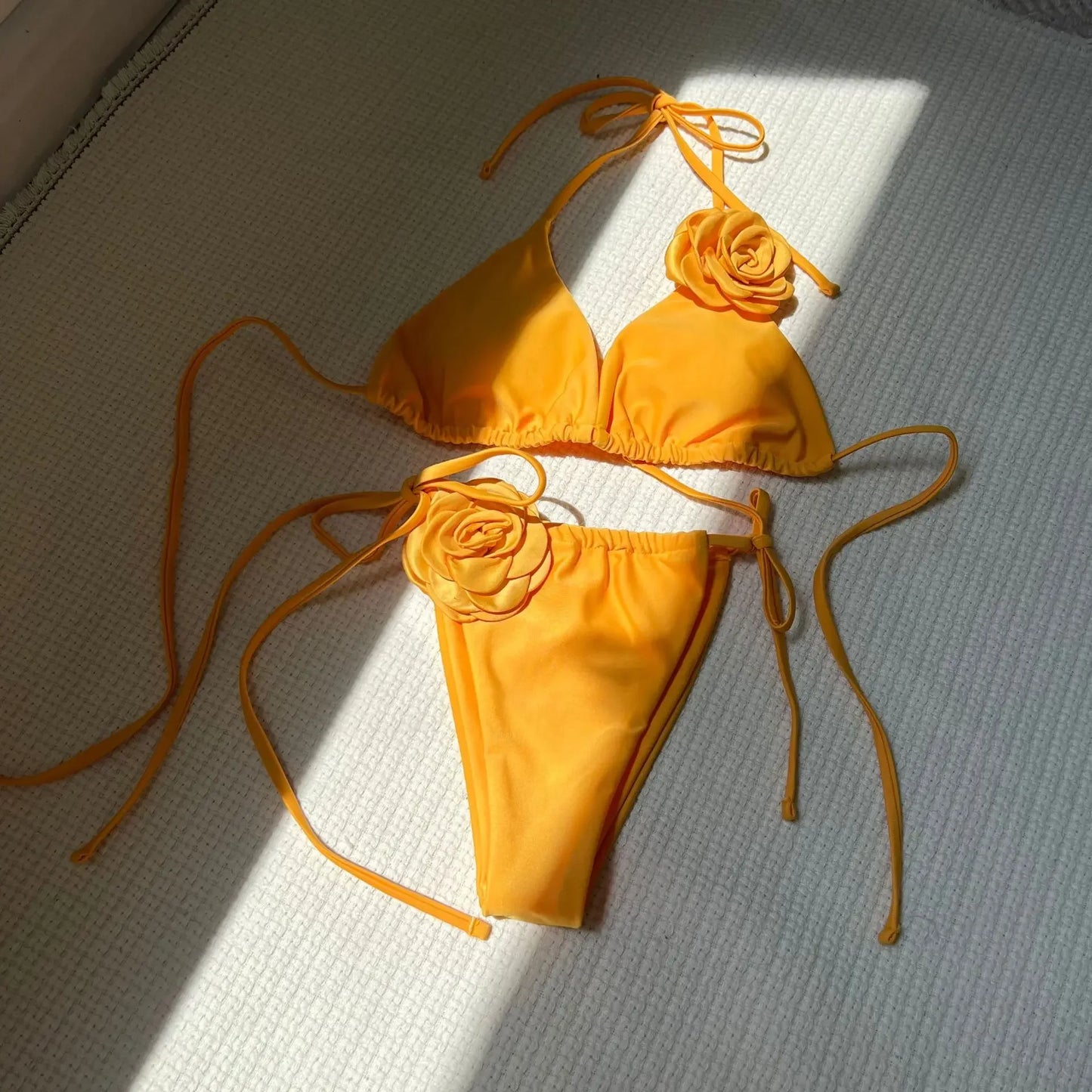 Sexy 3D Flower Black Triangle Bikinis Sets Micro Thong Swimsuit Women String Halter Bathing Suit Bikini 2025 Mujer Biquinis Swim