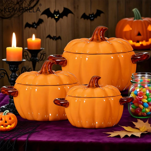 Halloween Pumpkin Bowl Ceramic Pumpkin Casserole Oven-Safe Pot With Lid And Handles, Perfect For Thanksgiving And Halloween
