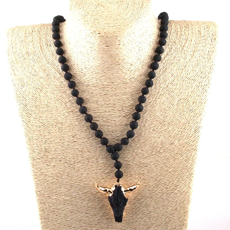 Fashion Bohemian Jewelry Natural open smile Druzy Bead Long Knotted 3 Color Horn Pendant Necklace For Women Ethnic Necklace